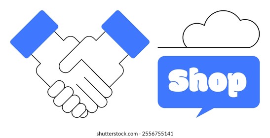 Two hands shaking symbolizing agreement next to a cloud indicating an online shop. Ideal for business, e-commerce, collaboration, partnership, digital market. Simple and modern style