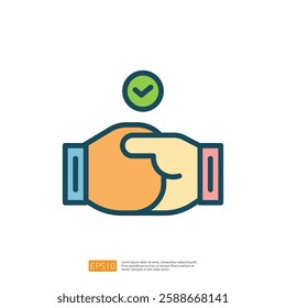 two hands shaking, symbolizing agreement or partnership, with a checkmark above, indicating approval or success. Flat line style icon