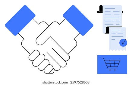 Two hands shaking symbolizing agreement with a contract and shopping cart on each side. Ideal for partnership e-commerce business finance collaboration and contracts