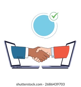 Duas mãos tremendo através de uma tela de laptop simbolizando um acordo bem sucedido.