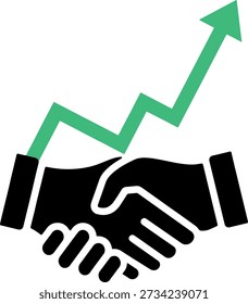 Two hands shaking with an upward trending arrow vector. symbolizes successful business partnership, agreement, and market growth.