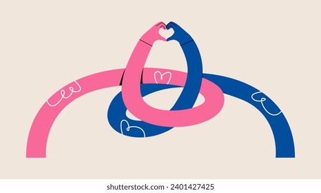 Two hands in the shape of a heart. Concept symbol of love, support, family, romance. Colorful vector illustration
