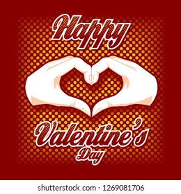 Two hands in the shape of a heart with Valentines Day text.
