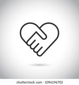 Two hands in shape of heart. Vector modern thin line icon on gray background.