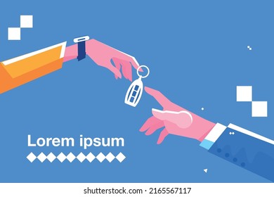 Two hands sharing a car key, practice of sharing automobile for traveling and commuting. Transportation renting service. Illustration flat style vector concept.