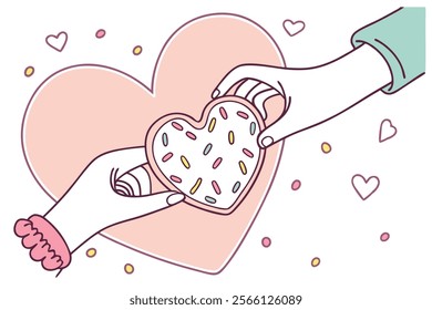 two hands sharing-a heart shaped cookie vector illustrations