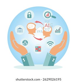 Two hands sheltering interconnected concepts of artificial intelligence, innovation, and technology with icons representing security, data, and communication.