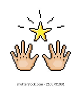 Zwei Hände mit glänzendem goldenem Stern, Pixelkunstgrafik einzeln auf weißem Hintergrund. Konzept des Geben und Teilen. Zaubertrick. Symbol der Hexerei. 8 Bit Druck. Erfolgssymbol. Logo des Preisträgers