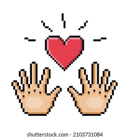 Dos manos con el corazón rojo brillante, ilustración de arte píxel aislado en fondo blanco. Concepto de dar y compartir amor. El truco mágico. Símbolo de brujería. impresión de 8 bits. Concepto de voluntariado y caridad