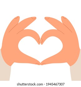 Two hands show heart sign, love symbol. Tolerance, humanization concept. Cute advertising banner, card template with place for text. Vector cartoon style isolated illustration.