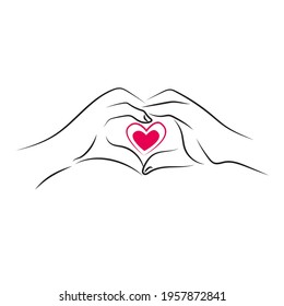 Two hands show a heart symbol gesture. Simple line drawing. Isolated on white.