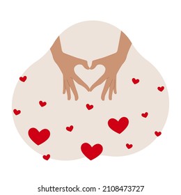 Two hands showing heart gesture. Postcard or congratulation on Valentine's Day. Vector flat illustration