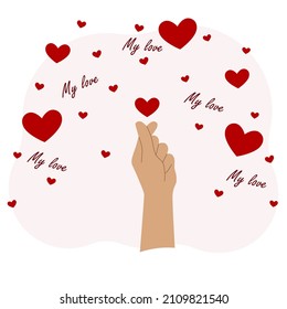 Two hands showing heart gesture. Postcard or congratulation on Valentine's Day. Text my love. Vector flat illustration