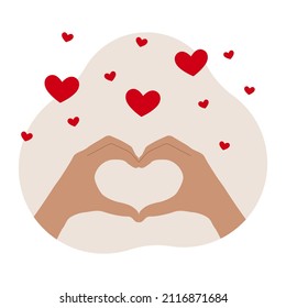 Two hands showing heart gesture. Postcard or congratulation on Valentine's Day. Vector flat illustration