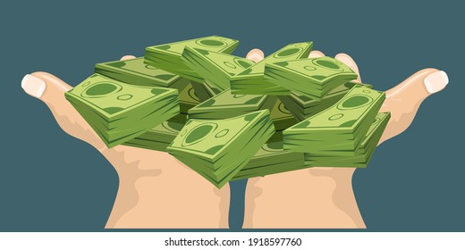 Two Hands showing or holding cash with pay or buying gesture. Finance or bribe concept design. Flat and solid color vector illustration. Front view