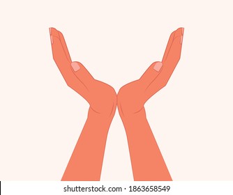 Two Hands Showing Or Holding Something. Female Or Male Open Hands Up. Two Hands Reaching Out For Help. Isolated Vector Illustration. Opening Empty Handful And Lifting Them Up For Help