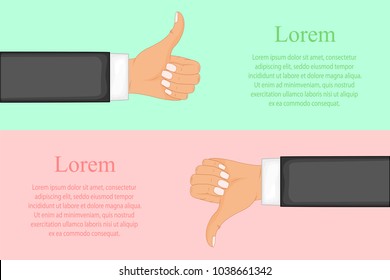 Two hands showing thumb up and thumb down signs. Positive and negative feedback, good and bad gestures, like and dislike. Flat style vector concept illustration isolated on white background.