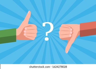 Two hands are showing thumb up and thumb down gestures on opposite sides. Concept of item or service review, cons and pros, user good and bad feedback, social media marketing