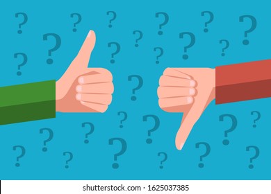 Two hands are showing thumb up and thumb down gestures on opposite sides. Concept of item or service review, cons and pros, user good and bad feedback, social media marketing