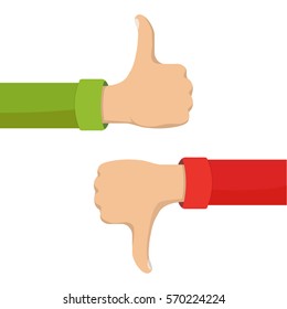 Two hands showing thumb up and thumb down signs. Positive and negative feedback, good and bad gestures, like and dislike. Flat style vector concept illustration isolated on white background.