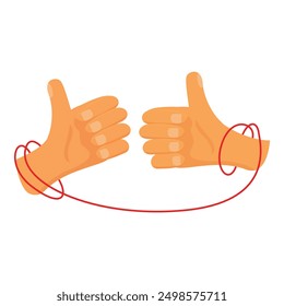 Two hands showing thumbs up connected by red thread representing the concept of connection