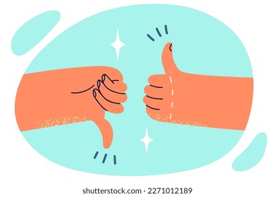 Two hands showing thumbs up or down symbolizes argument on current topic or difficult choice. People hands making thumbs up gesture to give feedback on agreement or disapproval of proposed option 