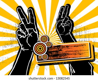 Two hands showing victory or peace sign and a label for your text, grunge vector illustration