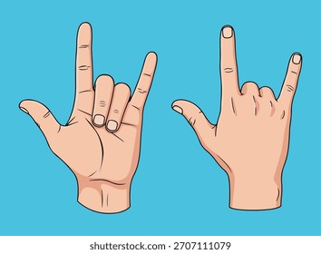 Se muestran dos manos que señalan el gesto de "roca sobre la mano" contra un fondo azul.