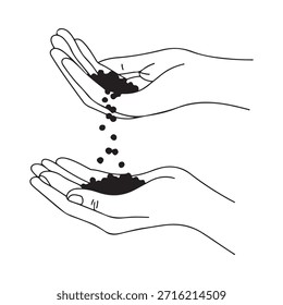 Duas mãos mostradas em um design simples, transferindo pequenas partículas de uma palma para outra.