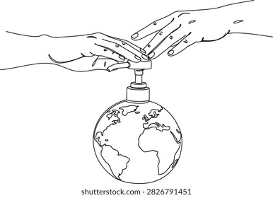 Two hands are shown squeezing a globe, depicted as a bottle, implying pressure or exploitation of the planet.