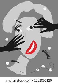 Two Hands silhouette assemble designer female face details vector illustration