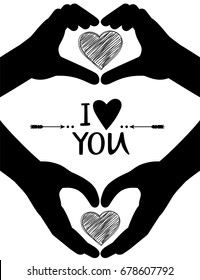 Two hands  silhouettes making heart sign, hands silhouettes in the form of heart. Vector illustration isolated on white background. Flat design elements for love, romantic relationship concept. 