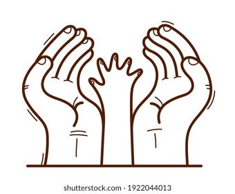 Two hands and small child palm protecting and showing care vector flat style illustration isolated on white, cherish and defense for childhood concept, charity.