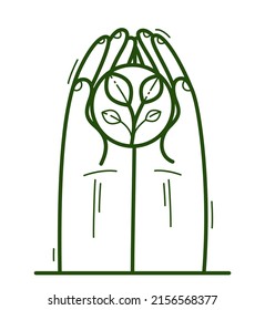 Dos manos con protección de planta pequeña y muestra el cuidado vectorial de la ilustración de estilo plano aislado en el concepto de blanco, el amor y la defensa del medio ambiente, protección botánica de la vida.