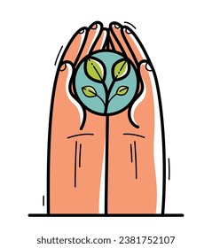 Two hands with small plant protecting and showing care vector flat style illustration isolated on white, cherish and defense for environment concept, botanical life protection.