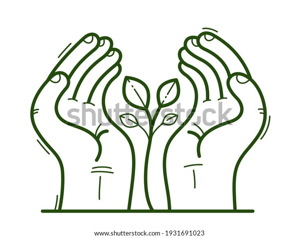 Two hands\
with small plant protecting and showing care vector flat style\
illustration isolated on white, cherish and defense for environment\
concept, botanical life\
protection.
