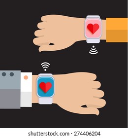 Two hands with a smart watch displaying a heart. Concept of connecting people. Flat design