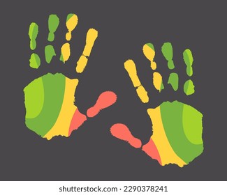 dos manos están manchadas con pinturas multicolores. huella de palma en un fondo oscuro. ilustración vectorial.