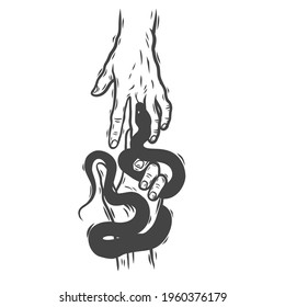  Two hands and a snake. Can be used as a sketch of a tattoo.