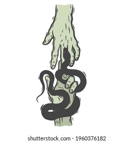  Two hands and a snake. Can be used as a sketch of a tattoo.