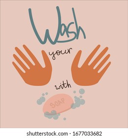 Two hands with soap. Hand drawn illustration. Simple style. Design for poster, card, invitation, placard, brochure, flyer. Vector. 