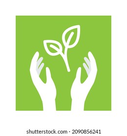 Two hands and sprout symbol. Concepts of environmental conservation, planting trees, growing, ecological issues.