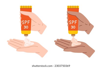 Dos manos exprimiendo crema de un tubo de protección solar sobre una palmera. Ilustración del cuidado de la piel del verano vectorial. Brazos blancos y negros con crema de bloqueo solar. Mujeres de piel oscura y clara usando lociones con SPF.