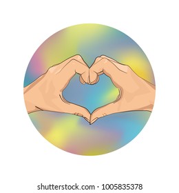 two hands are stacked in the shape of a heart against a background of a blurred background of the sky in the shape of a circle
