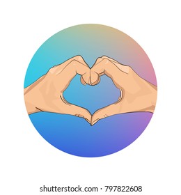 two hands are stacked in the shape of a heart against a background of a blurred background of the sky in the shape of a circle
