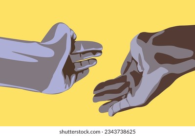 Two hands stands in a cheering pose just before the applause. Hands applauding. Yellow background.