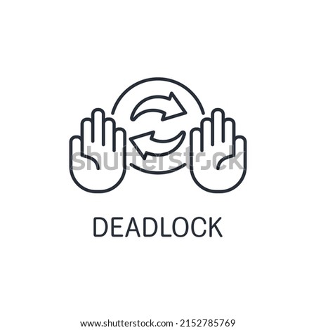 Two hands in stop gesture and exchange arrows between them. Mutual blocking, deadlock. Vector linear icon isolated on white background