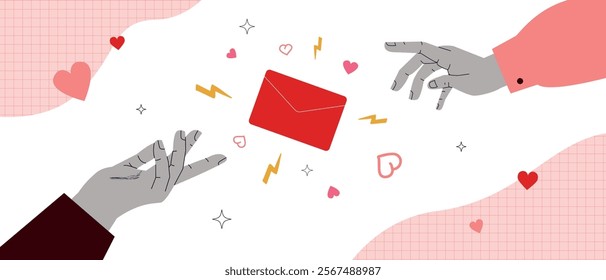 Two hands stretched out to each other, and a red envelope flying between them. A metaphor for love, excitement, and connection. The illustration is suitable for Valentine's Day, romantic designs.