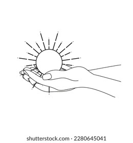 Two hands with sun. Abstract symbol for cosmetics and packaging, jewelry, logo, tattoo. linear style. Esoteric