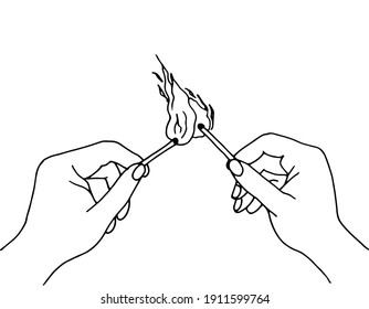 Dos manos con fósforos para tomar el sol. Contorno dibujado a mano en forma de doodle sobre un fondo blanco. Ilustración vectorial.